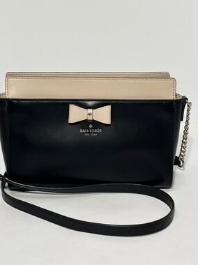 Kate Spade Sawyer Street Declan Black Leather Bow Crossbody Bag Gold Chain
